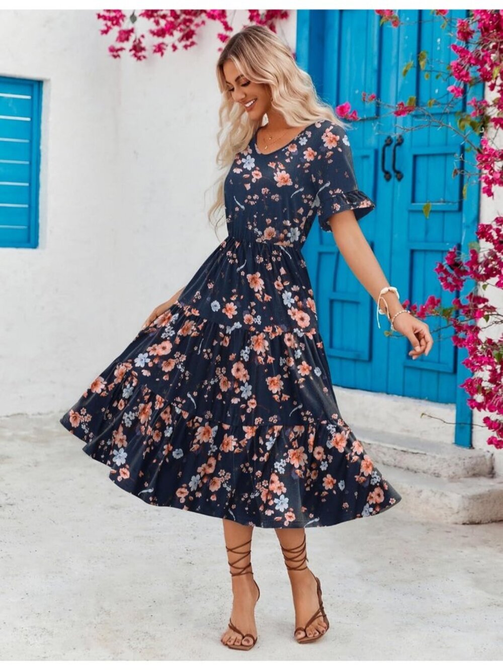 Zeagoo Women's Navy Blue Floral Tiered Casual Neck Ruffle Short Midi Maxi Dress - Picture 2 of 6